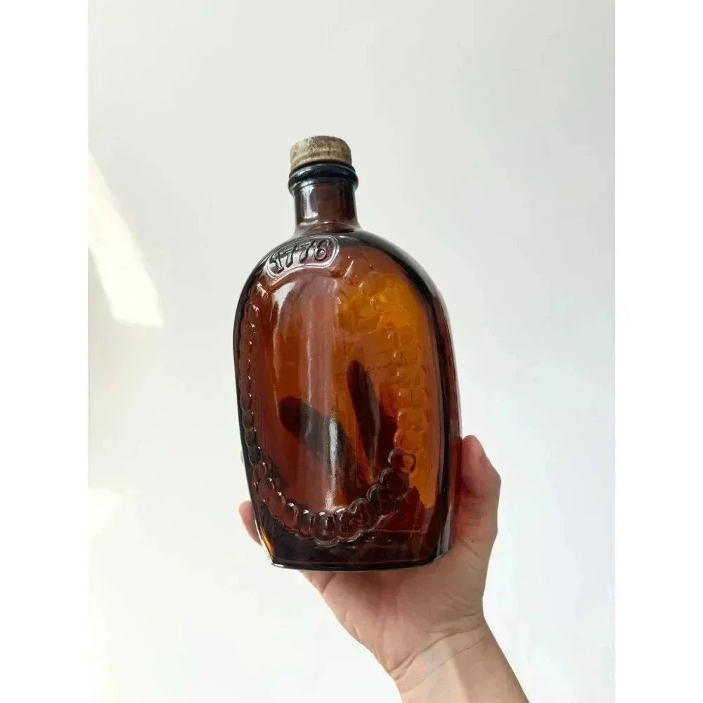 Vintage Dark Browl Glass Log Cabin Syrup Bicentennial Glass Container with Top